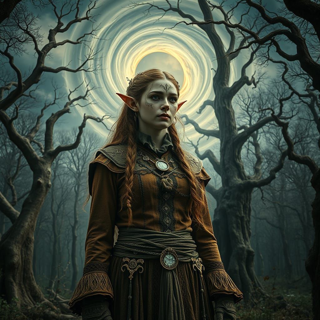 Elven Time Traveler in Vintage Oil Painting Style