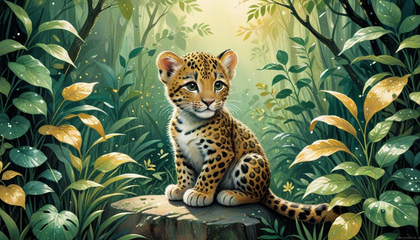 Whimsical Baby Leopard in a Sparkling Jungle