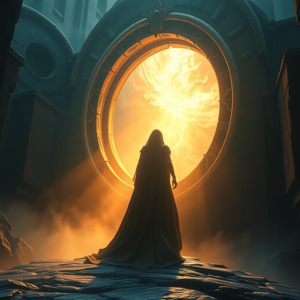 Figure at Luminous Portal in Mystical Realm