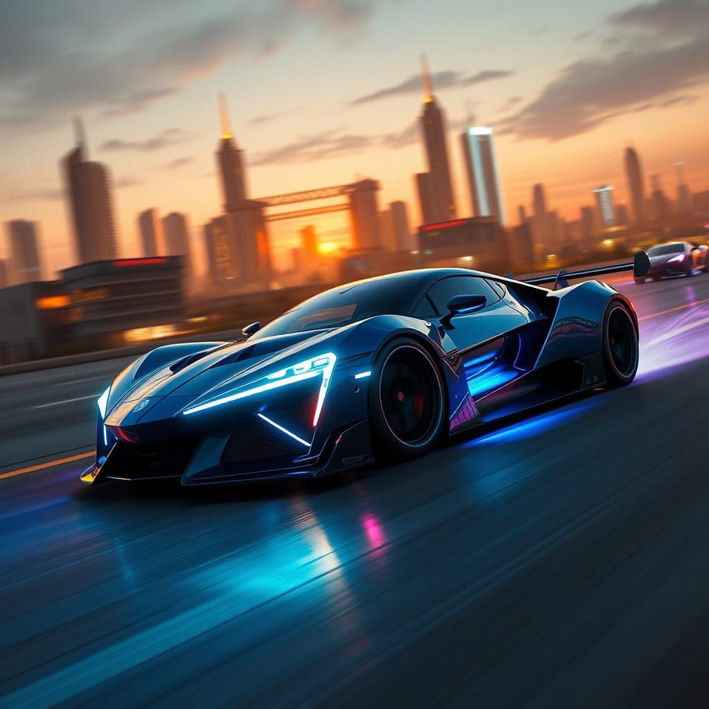Epic Cyberpunk Automobile in Cobalt Blue and Neon Accents