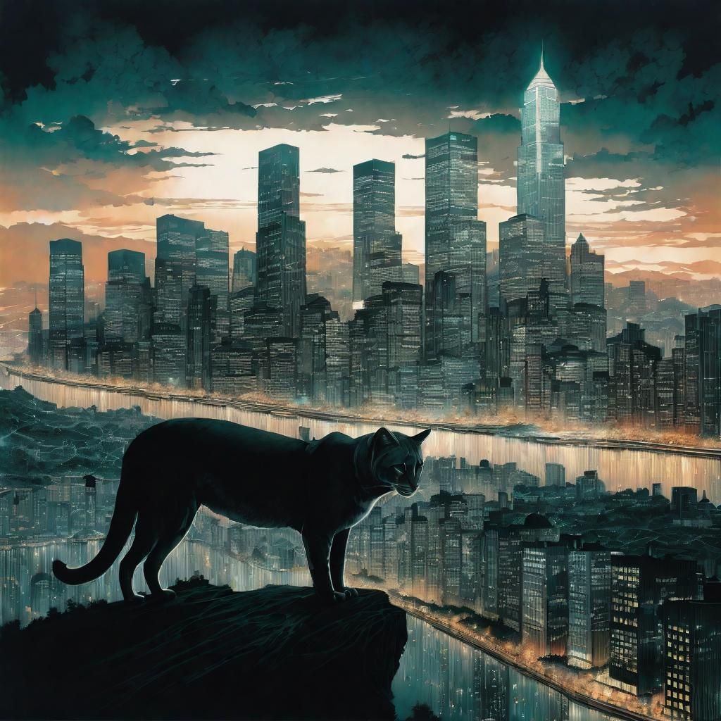 Cougar Silhouette Double Exposure Cityscape Illustration