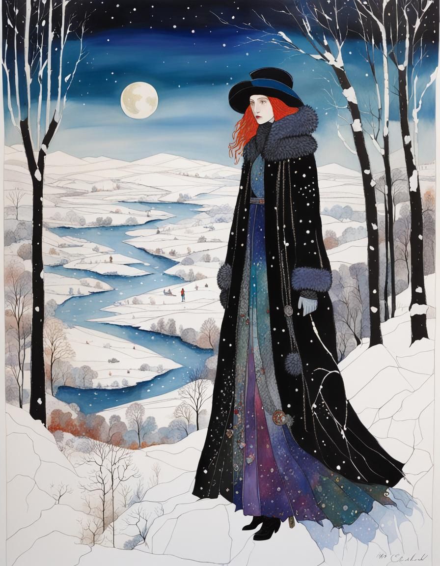 Winter Landscape in Art Nouveau Style