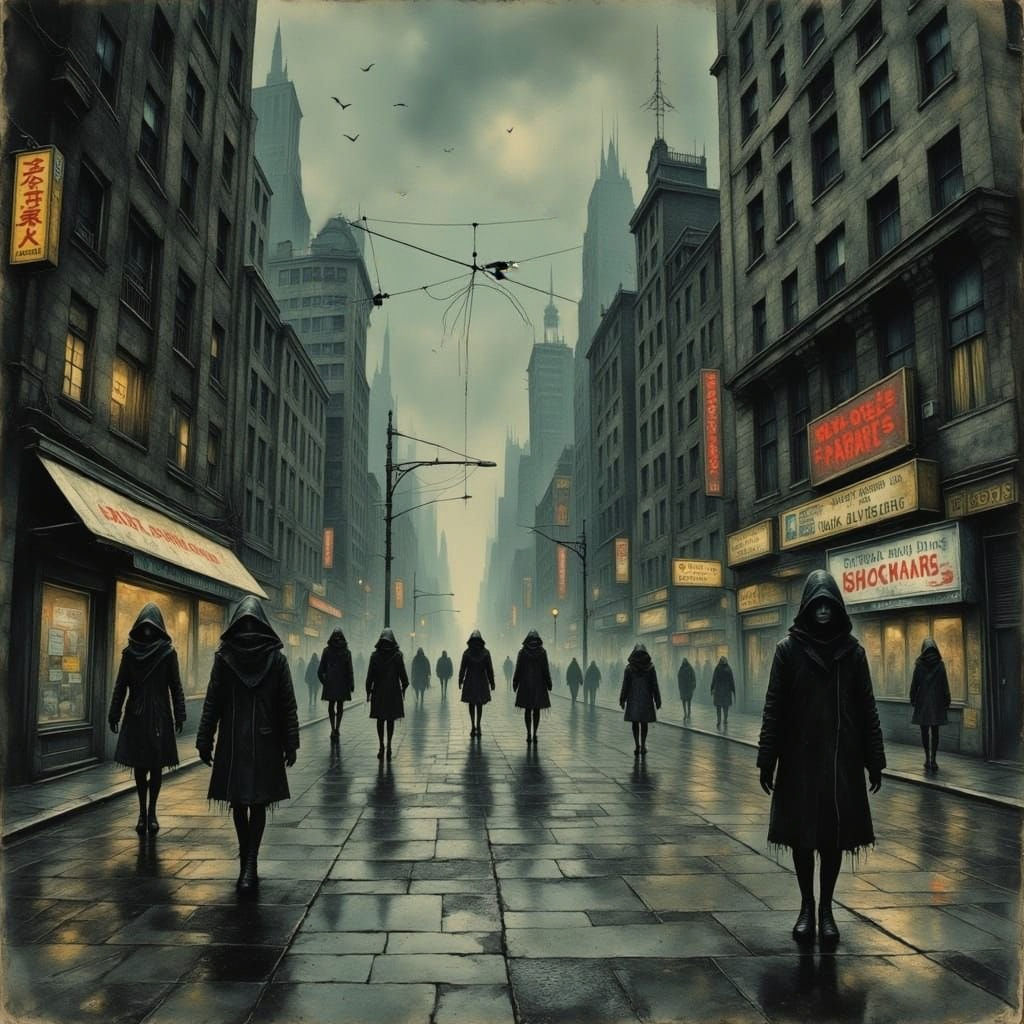 Dystopian Cityscape with Lone Skimmer in Drizzle