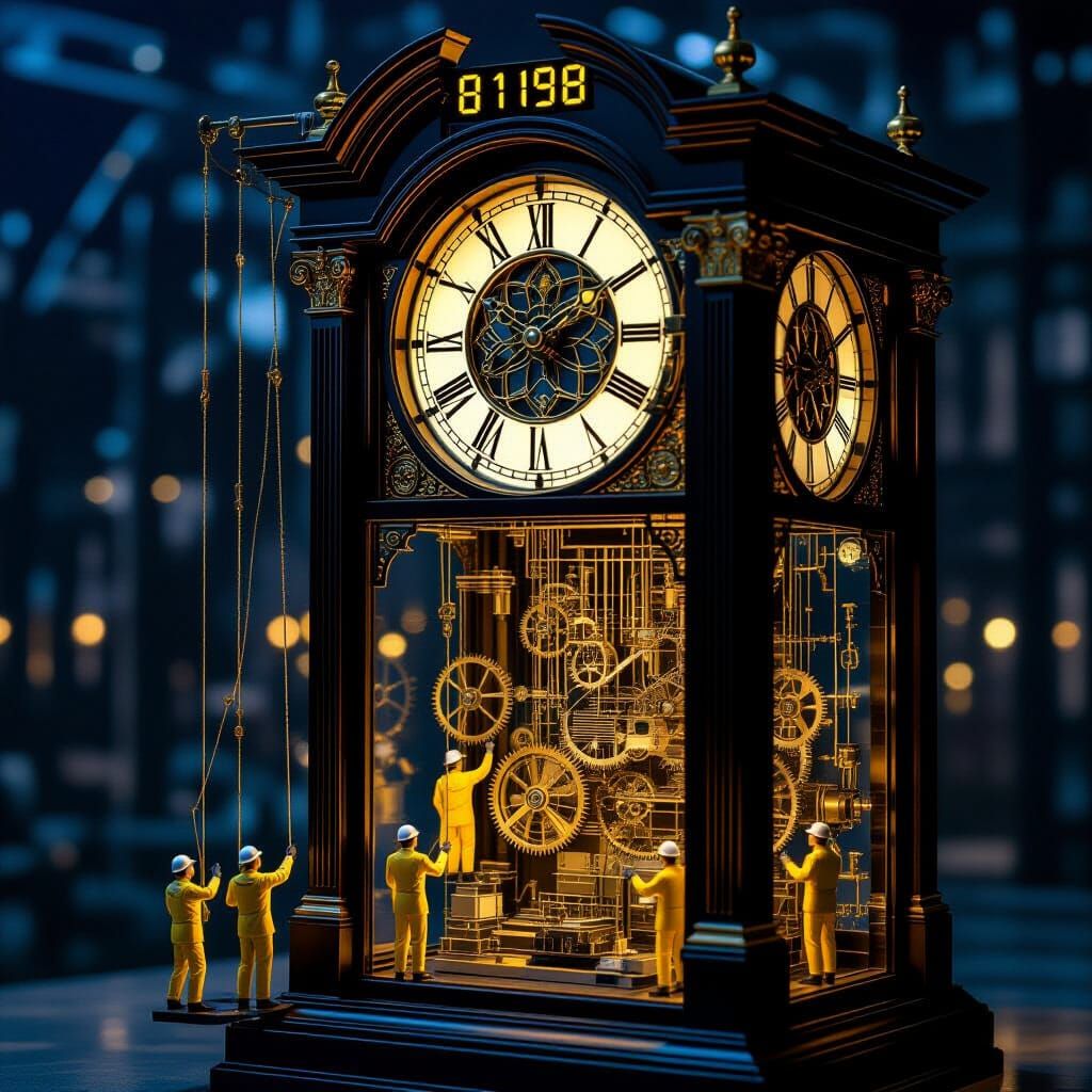 High-Tech Grandfather Clock Diorama with Miniature Workers