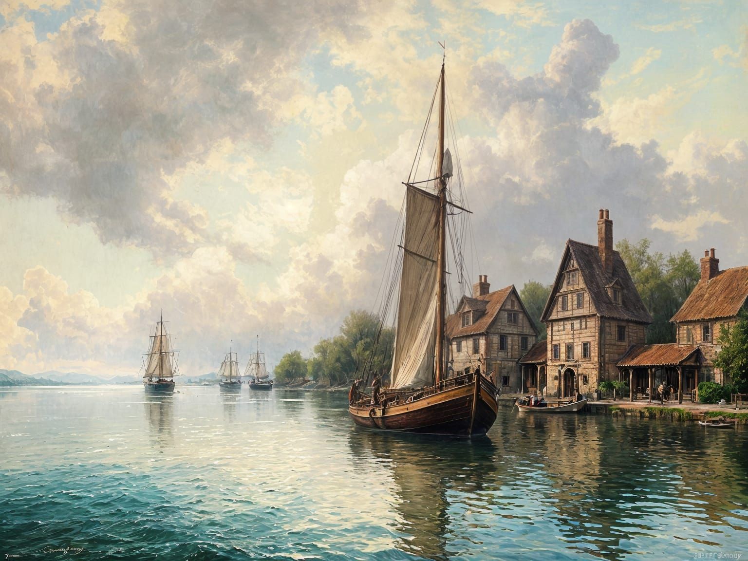 A 19th-Century Village Scene in Impressionistic Oil Paint