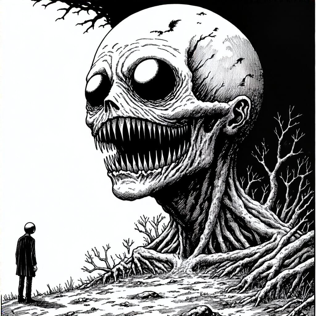 Grimdark Horror Scene in Junji Ito Style