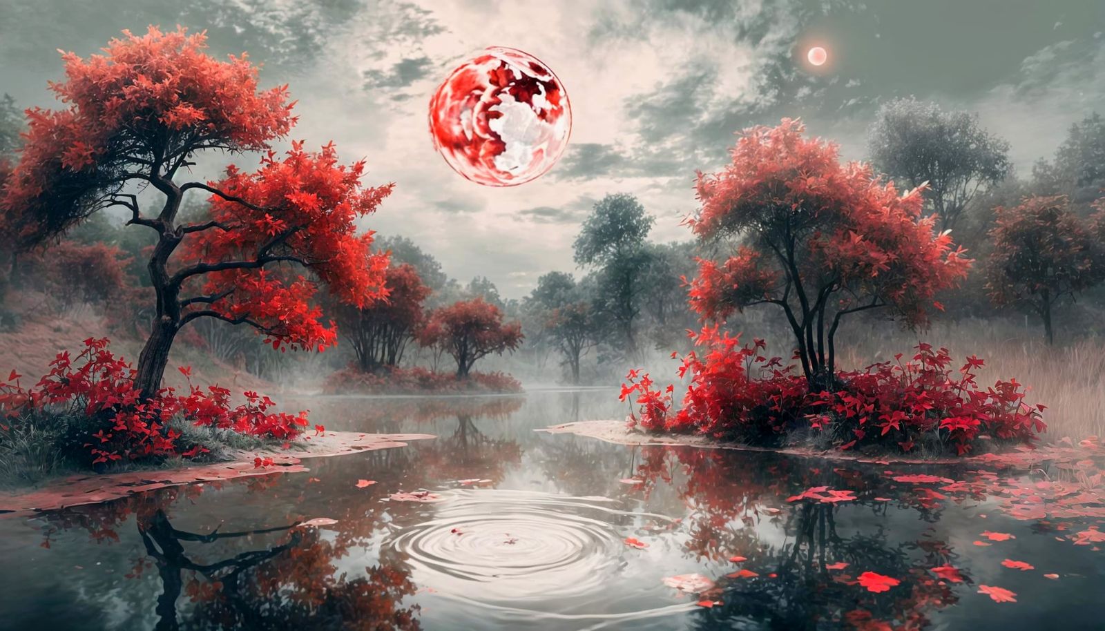 Red Moon Bathes Pond in Sfumato Style