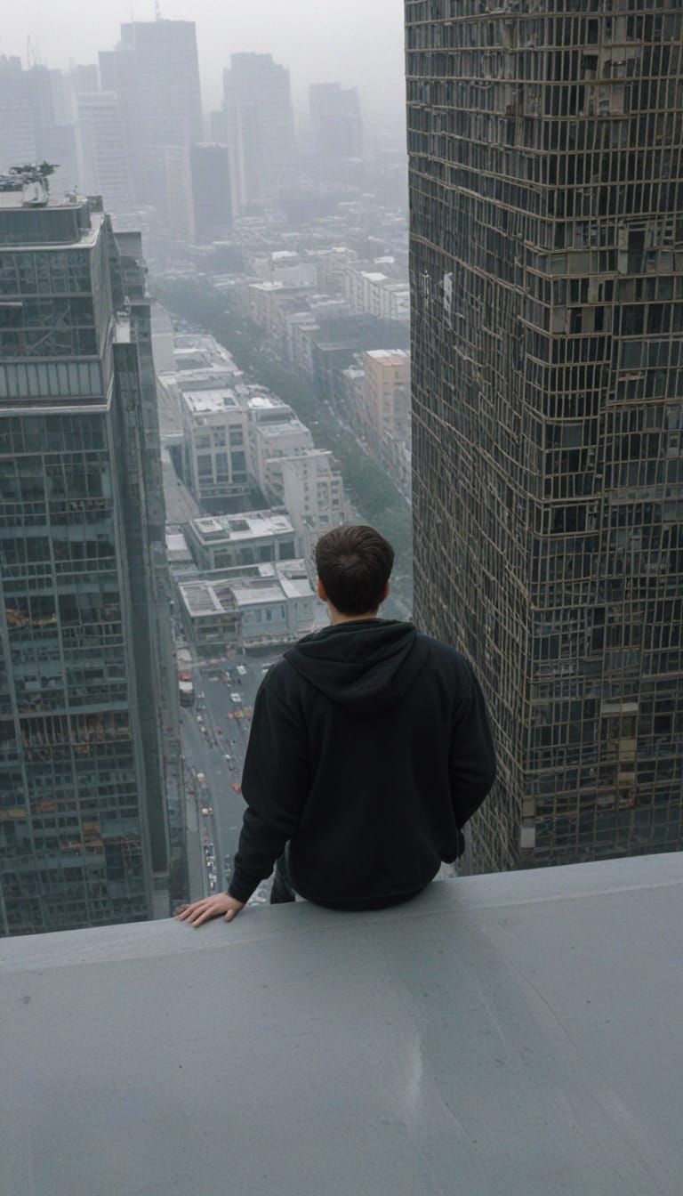 A person standing on a ledge of a tall building looking down