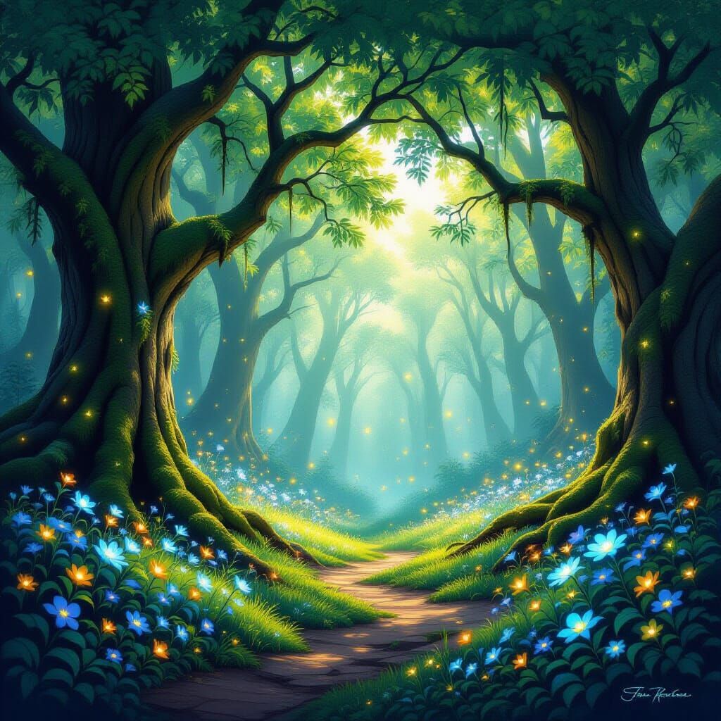 Magical Forest Clearing with Ethereal Glow
