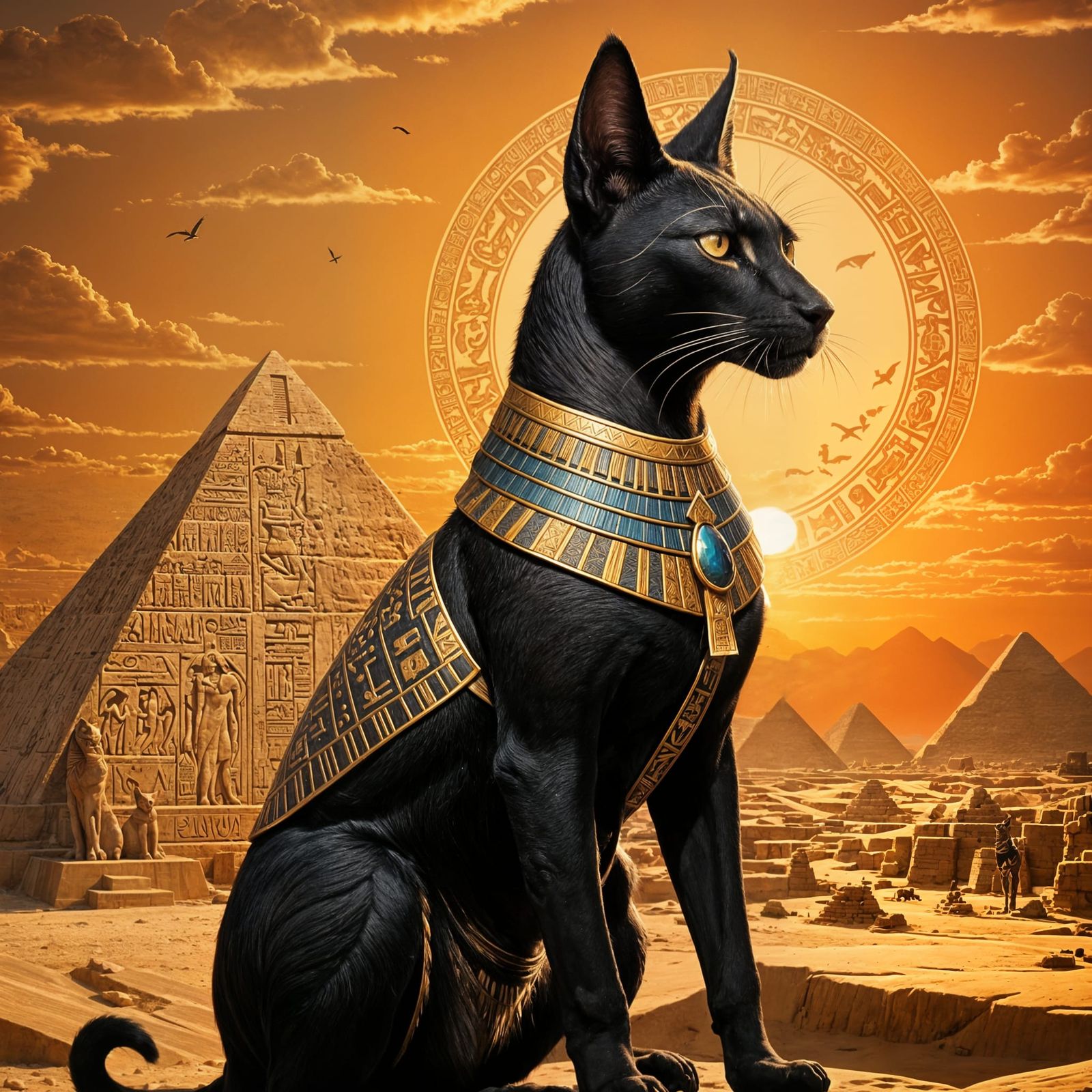 Ancient Egyptian Goddess Bastet Standing at Giza Pyramid