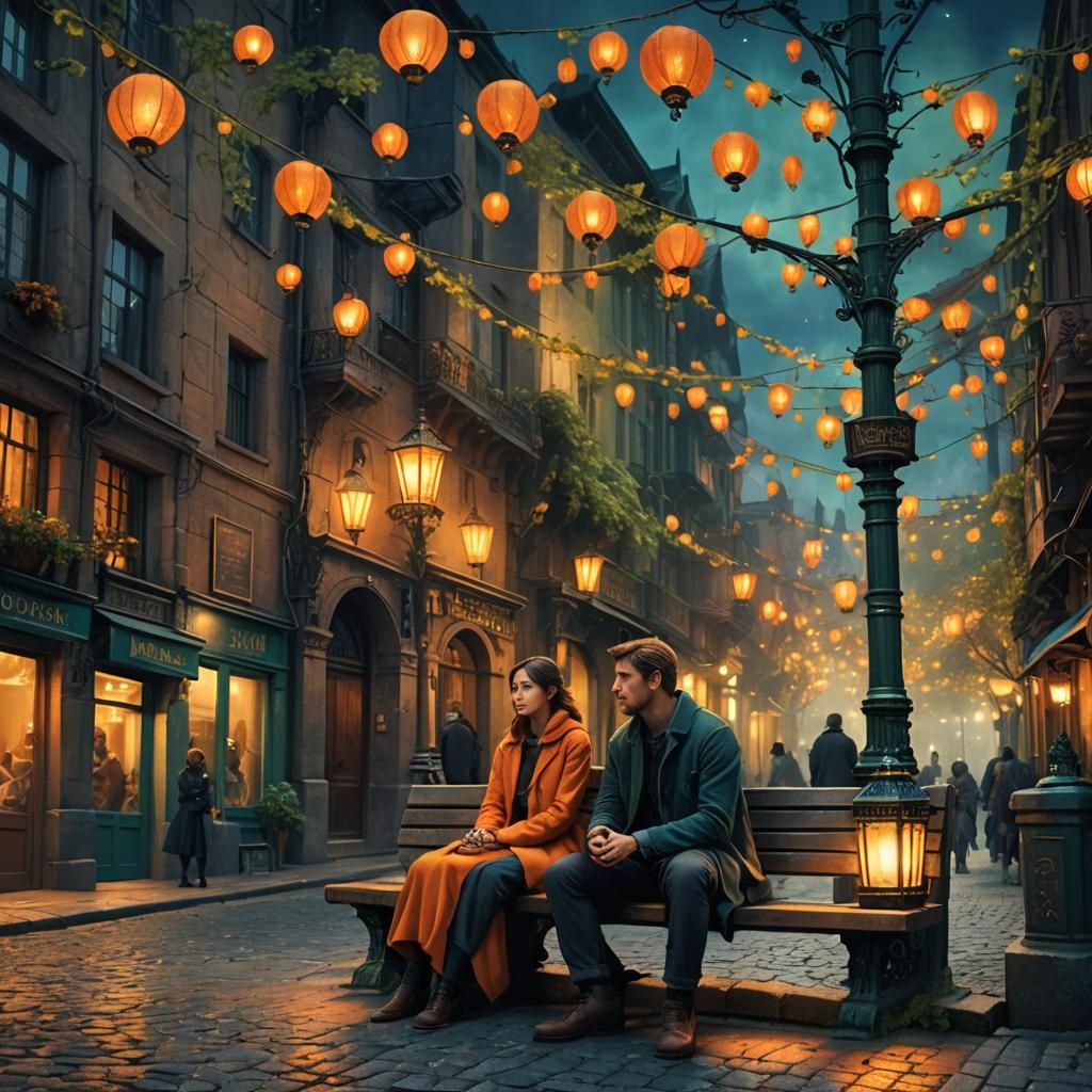 Sad Couple on Dim Street Corner: Fantasy Concept Art