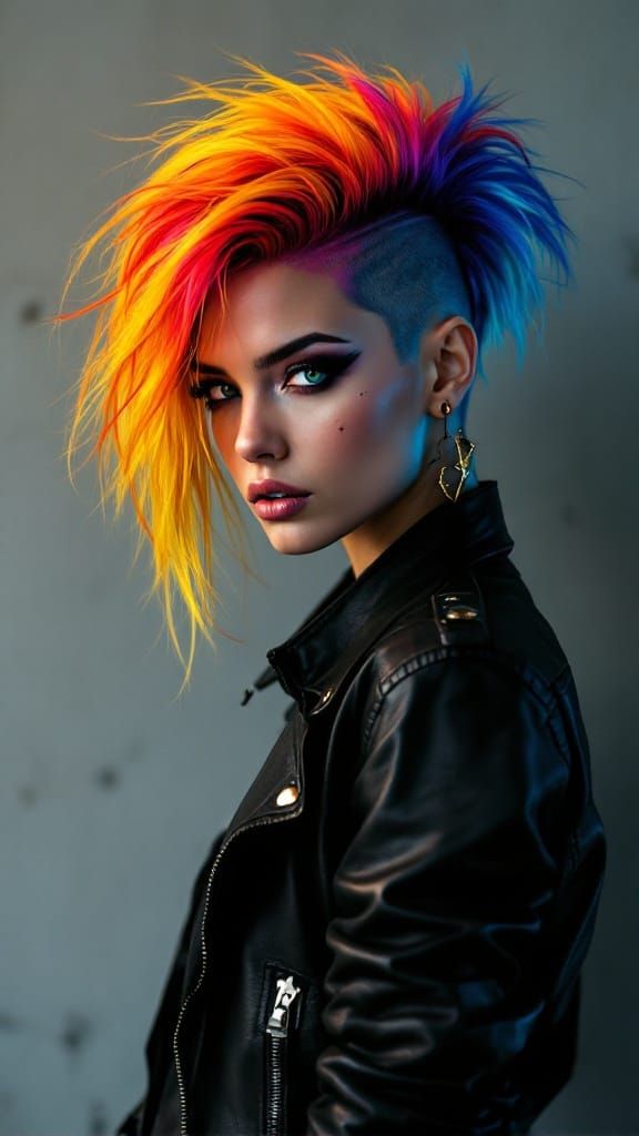 Modern Rebel Woman in Rainbow Hair