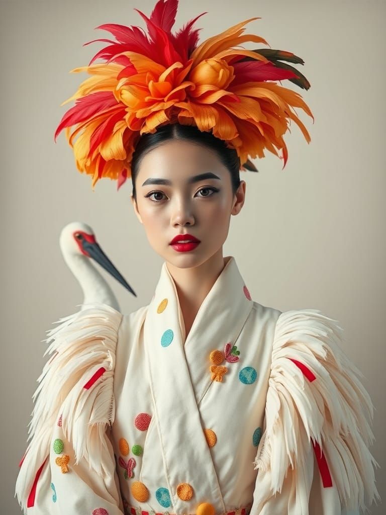 Surreal High-Fashion Woman with Crane in Dreamy Light