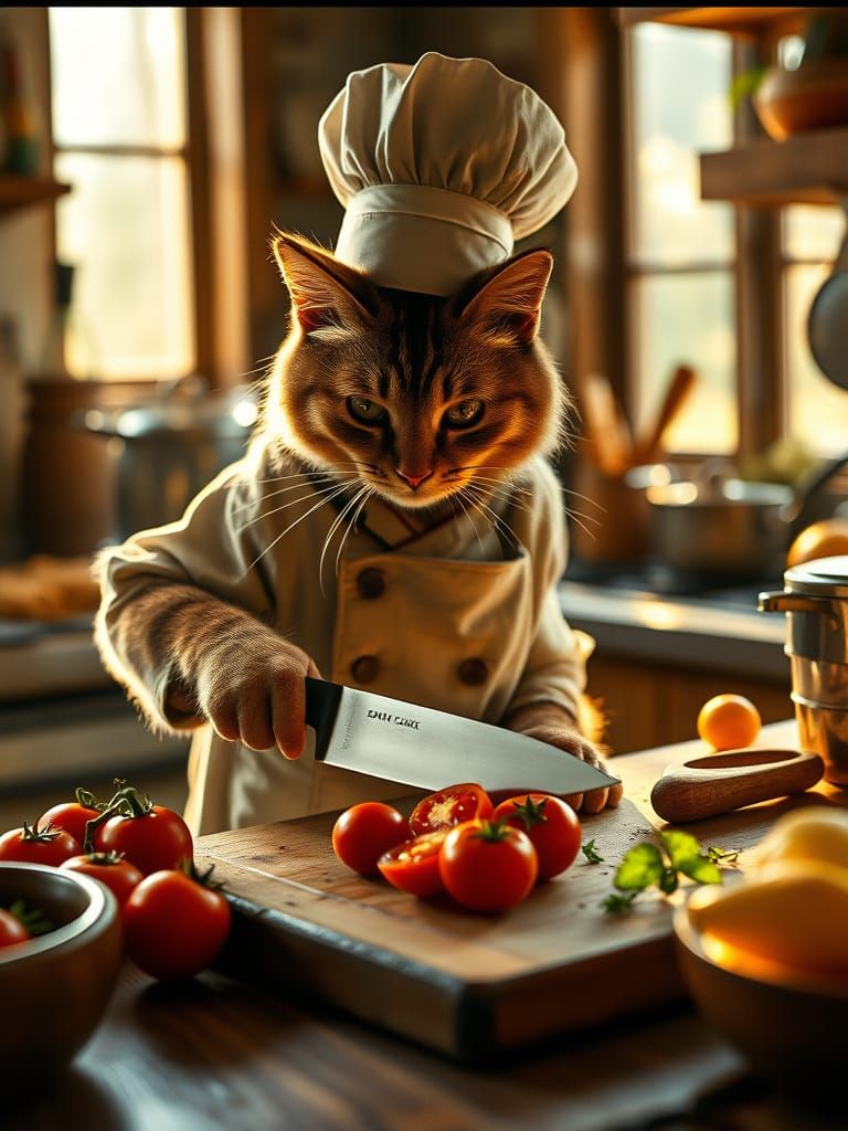 Whimsical Feline Chef in Warm Kitchen Setting