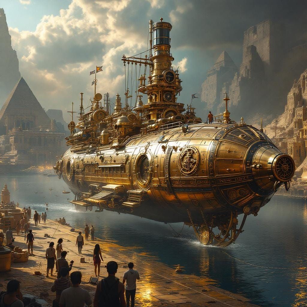 Steampunk Airship Docks at Futuristic Egyptian Port