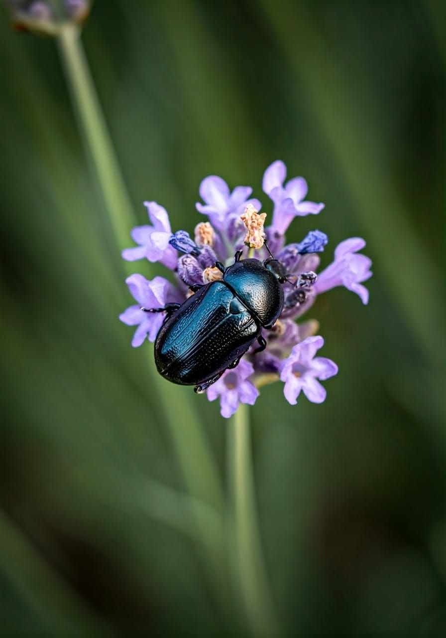 Iridescent Beetle on Lavender, Macro Photography