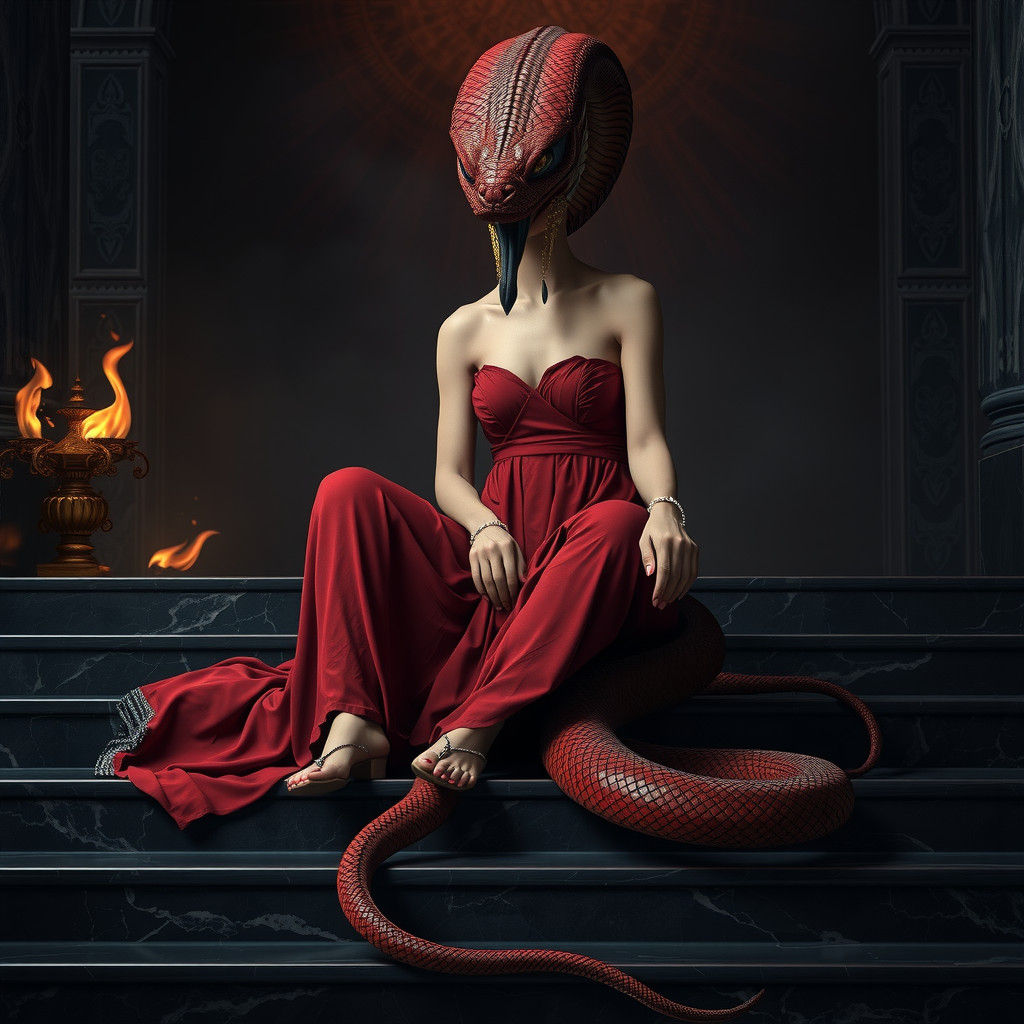 Serpent Woman Guardian of Hades in Surreal 3D Style