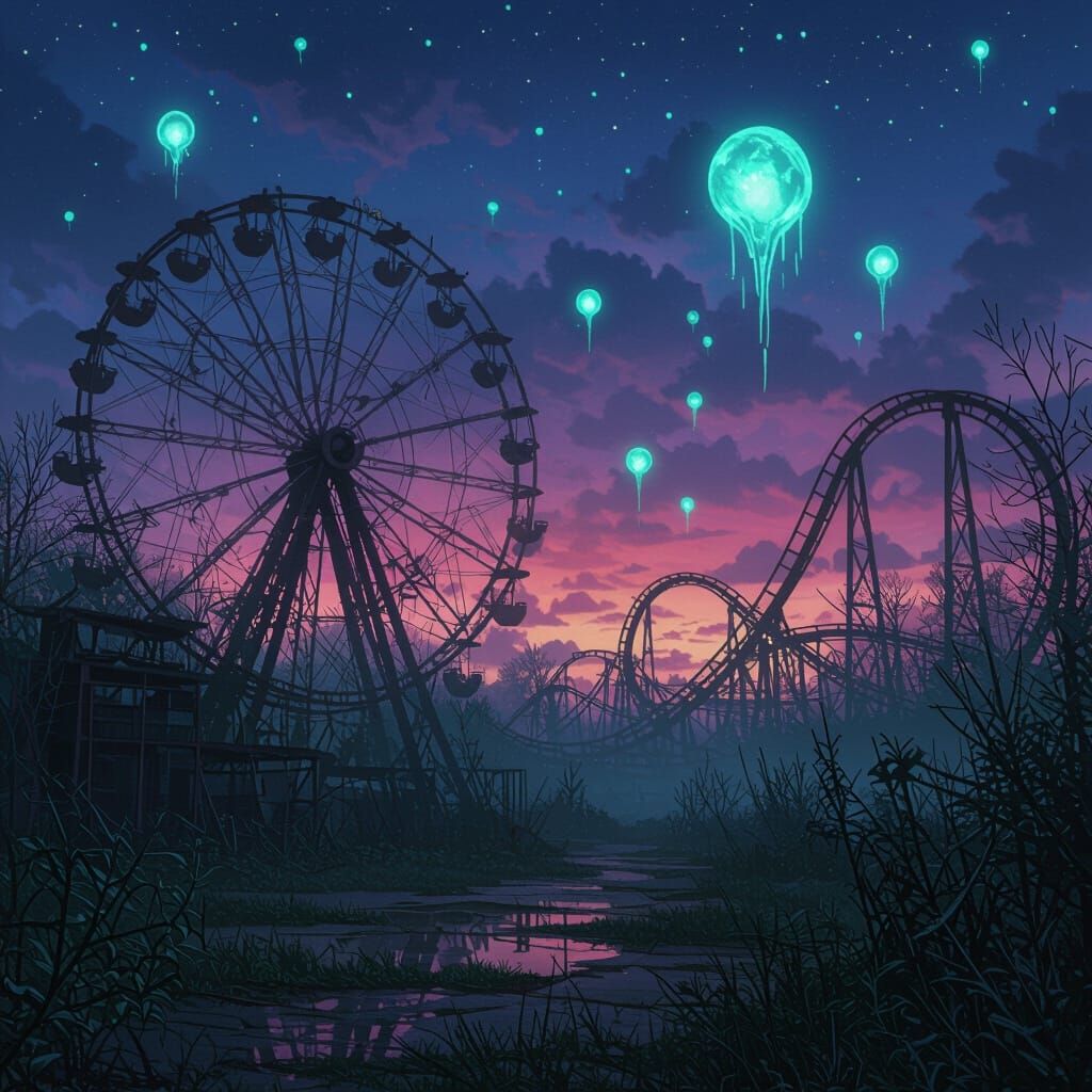 Eerie Amusement Park at Twilight with Bioluminescent Flora