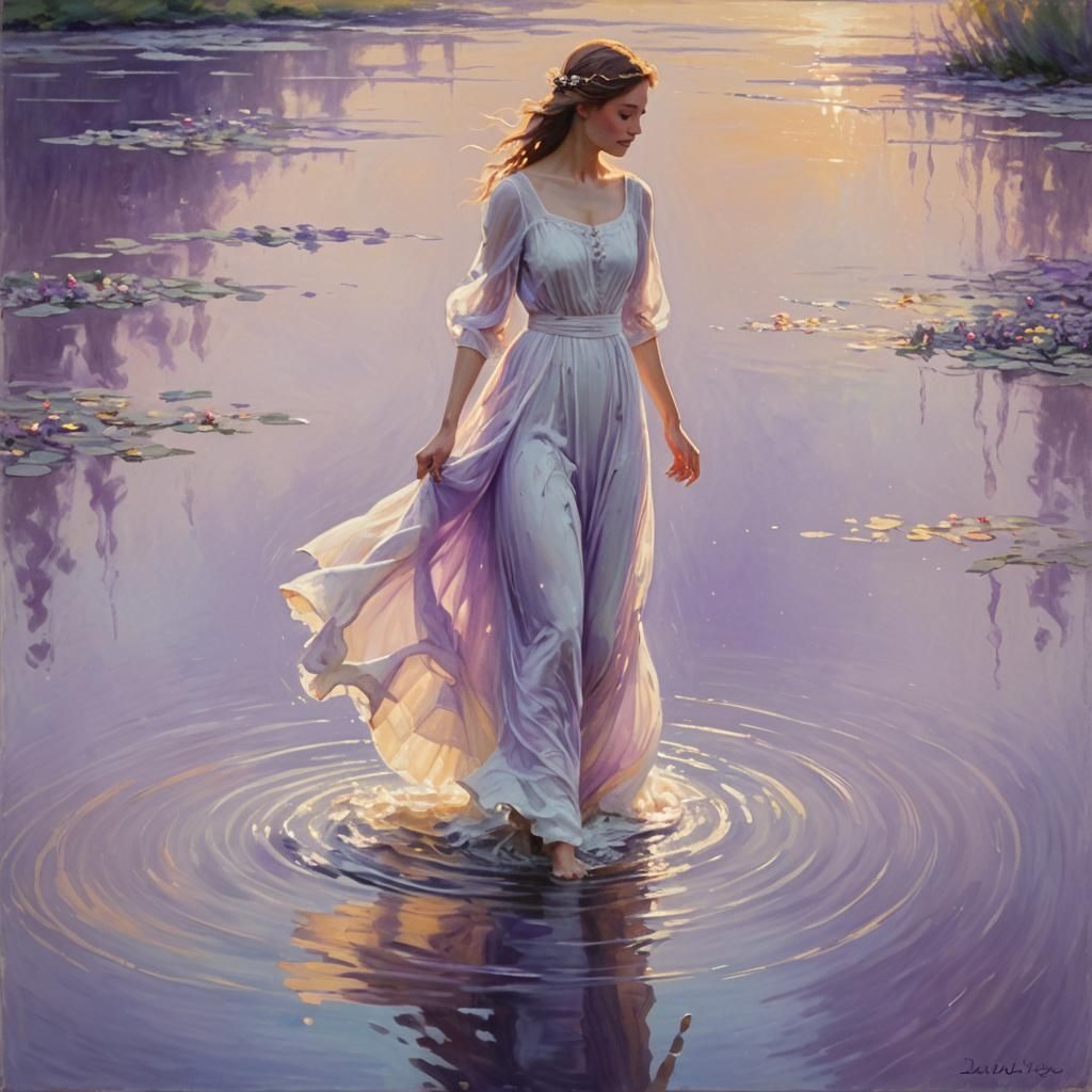 Maiden Walks on Water: Impressionist Oil Painting