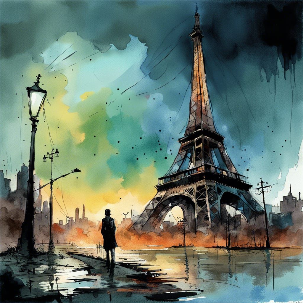 Post-Apocalyptic Eiffel Tower Watercolor Landscape