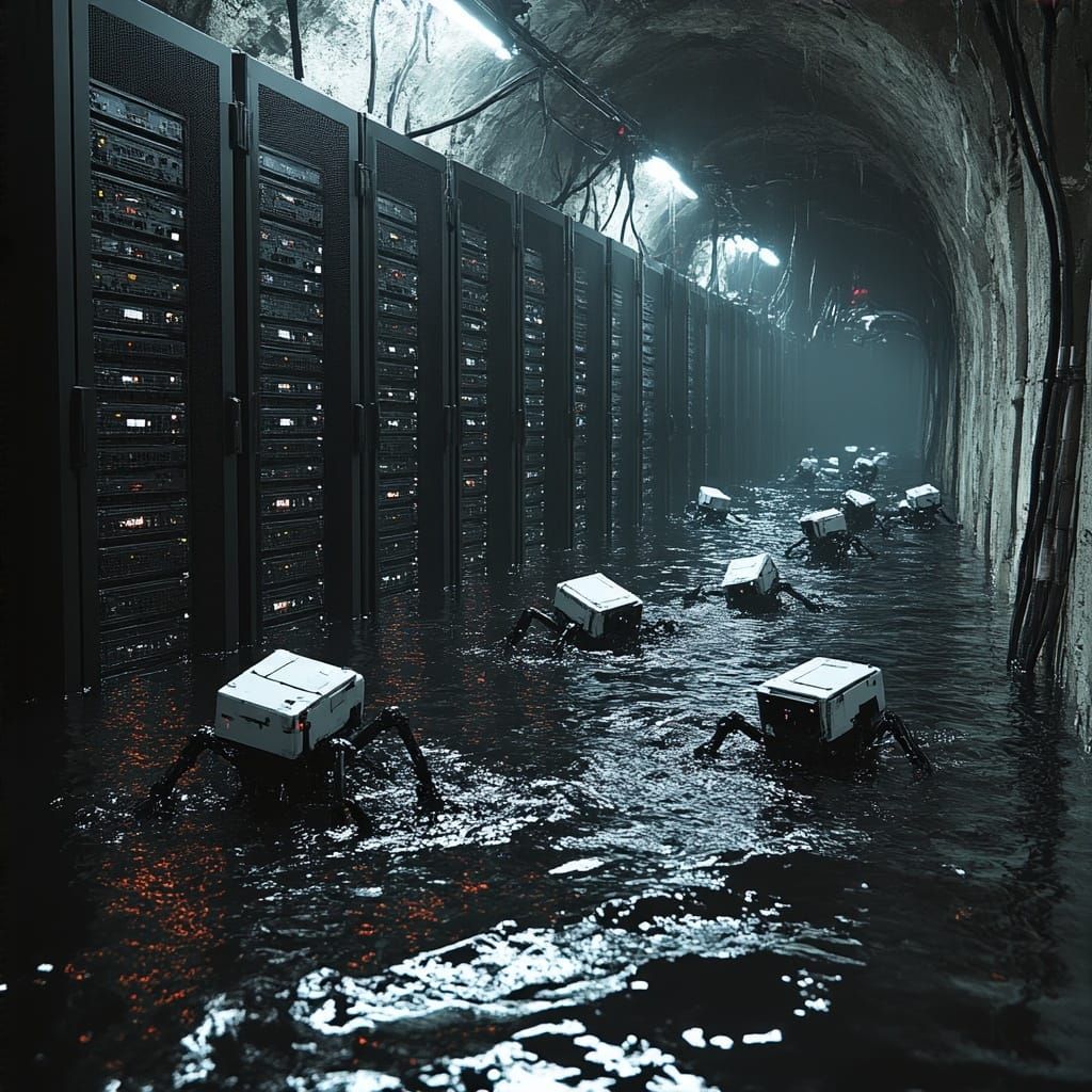 Cyberpunk Dystopia: Flooded Server Farm in Descent