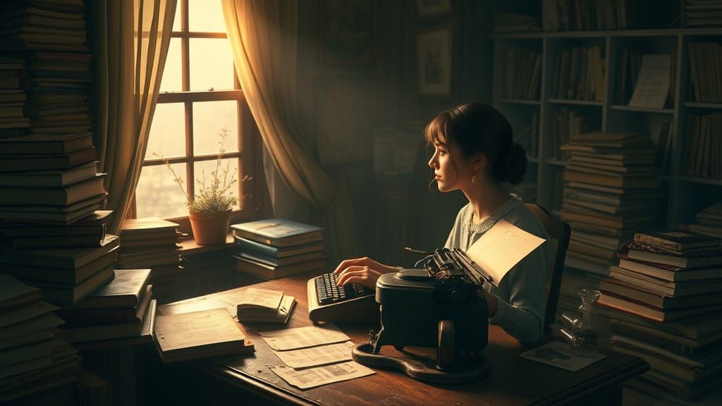 Woman Lost in Thought with Vintage Typewriter