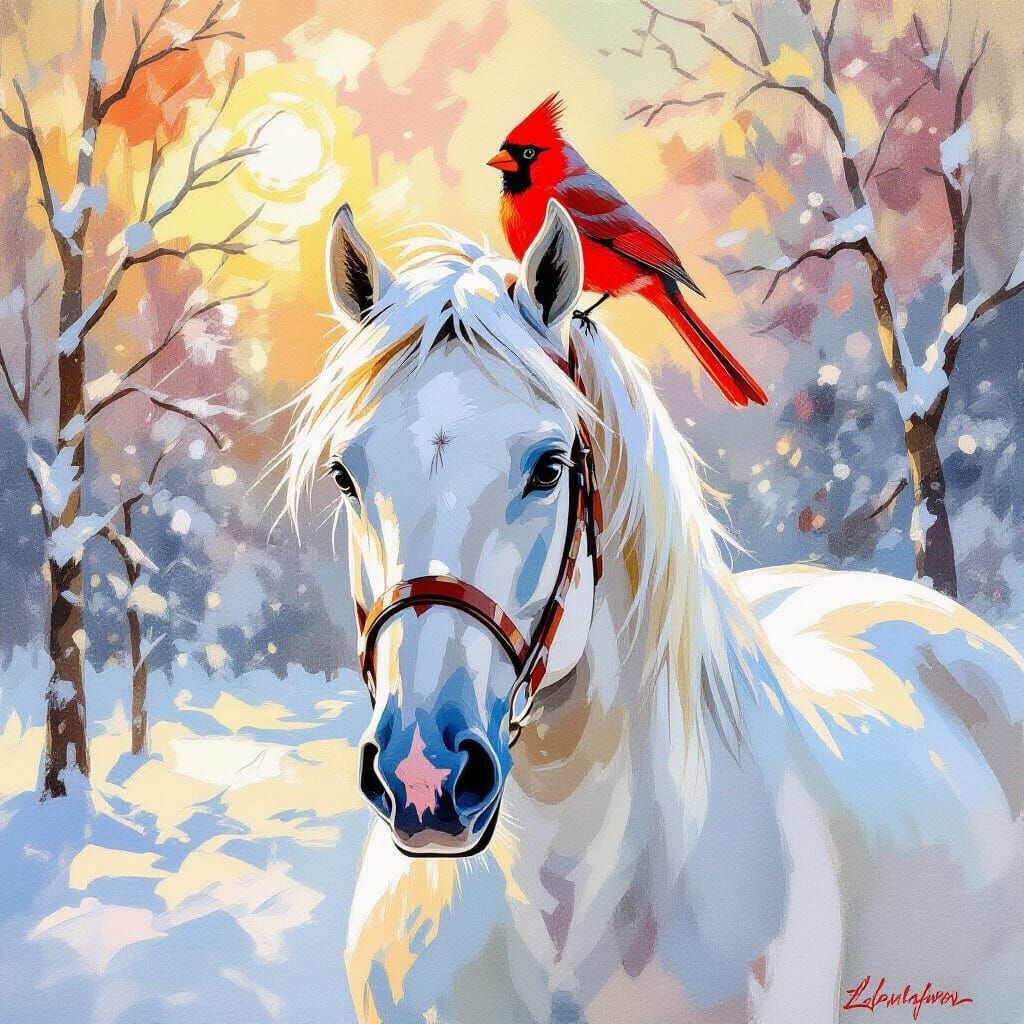White Horse and Cardinal in Winter Watercolor Painting