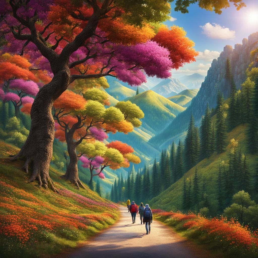 Hikers on Mountain Path with Colorful Flowers