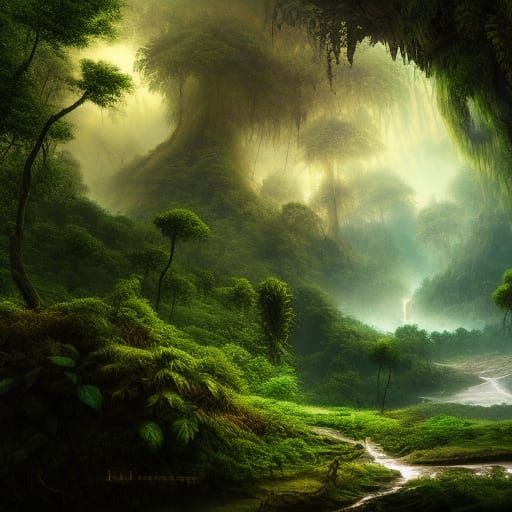 Lush Jungle River in Rain and Lightning