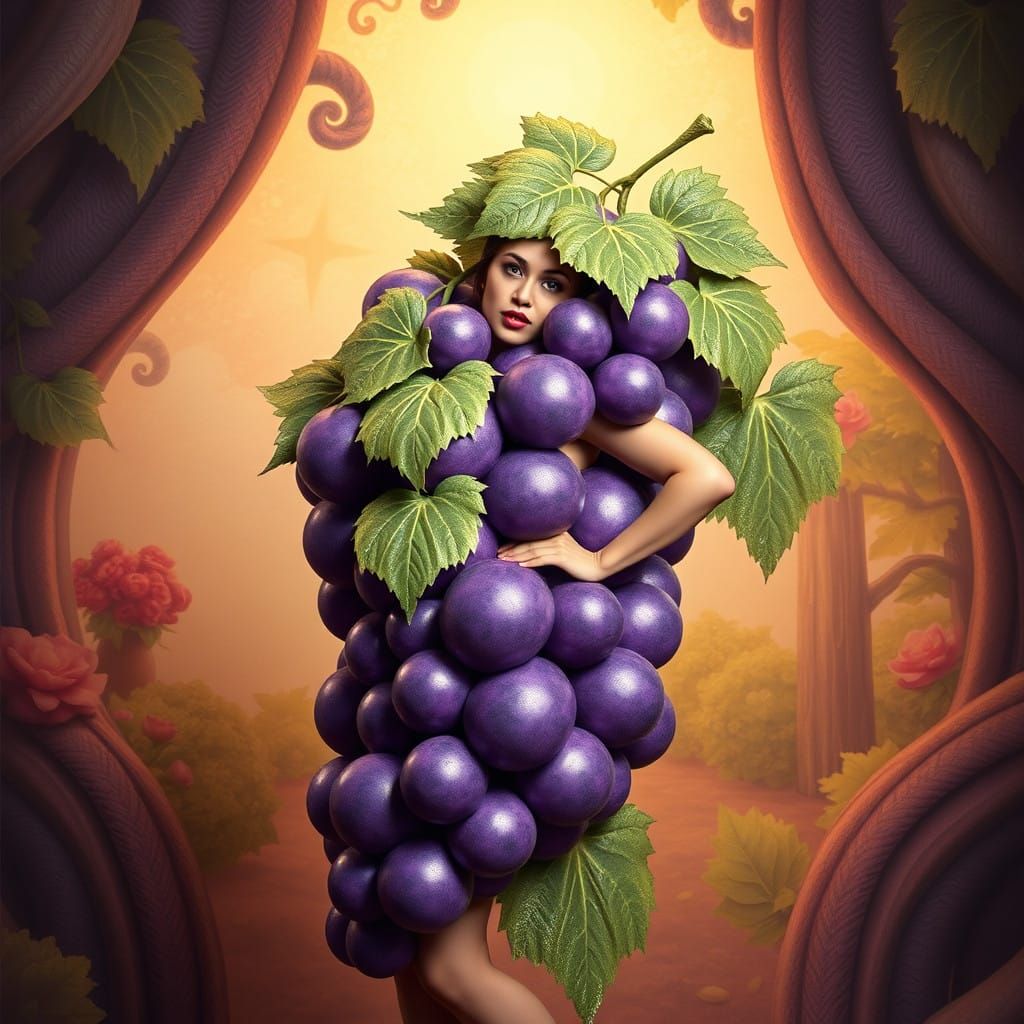 Whimsical Grape Goddess in Fantastical Setting