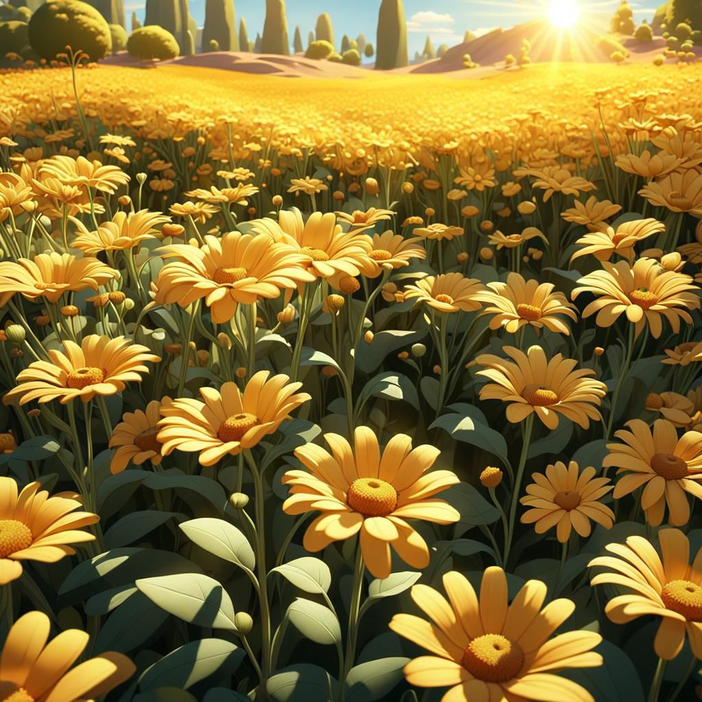 A vibrant yellow flowers blooming under the golden rays of the sun.