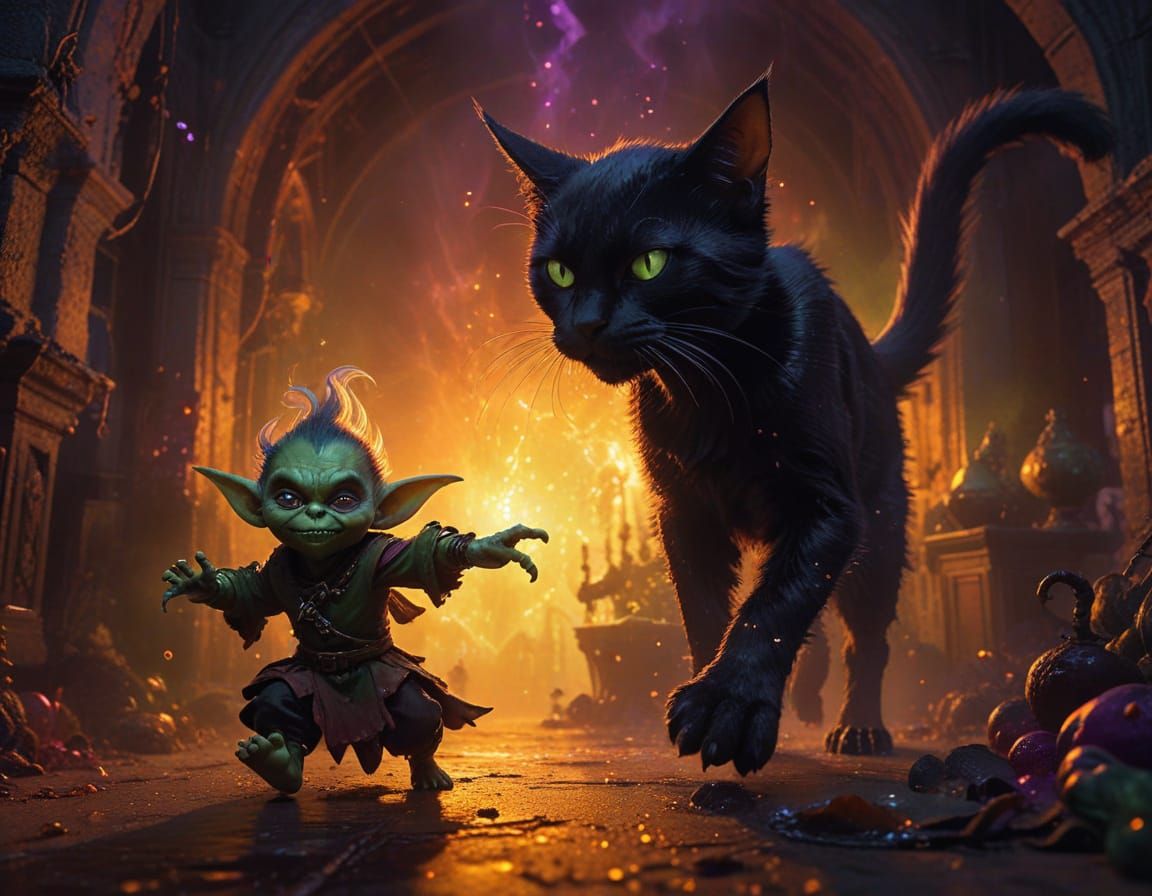 Green Goblin Running From Black Cat in Fantasy Art