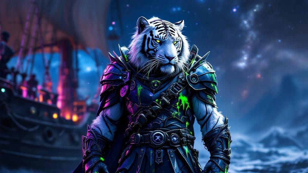 White Tiger Pirate on Ghost Ship in Giger-Inspired Style