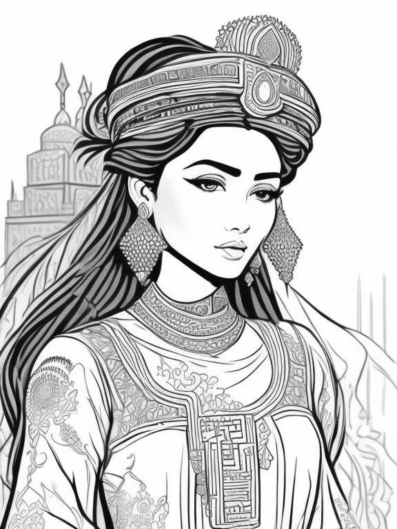 Moroccan Princess Portrait in Coloring Book Style