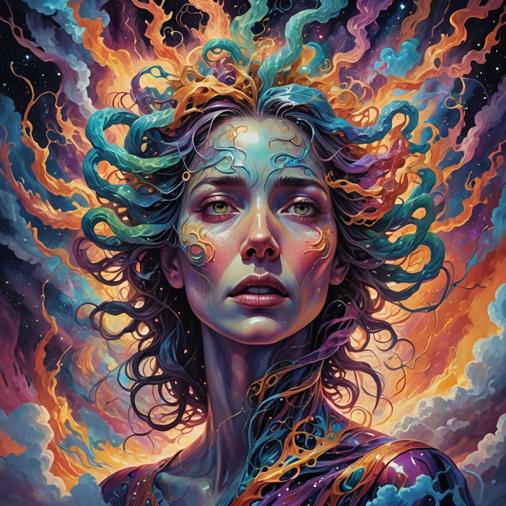 Tormented Woman Lost in Astral Realm: Surreal Illustration