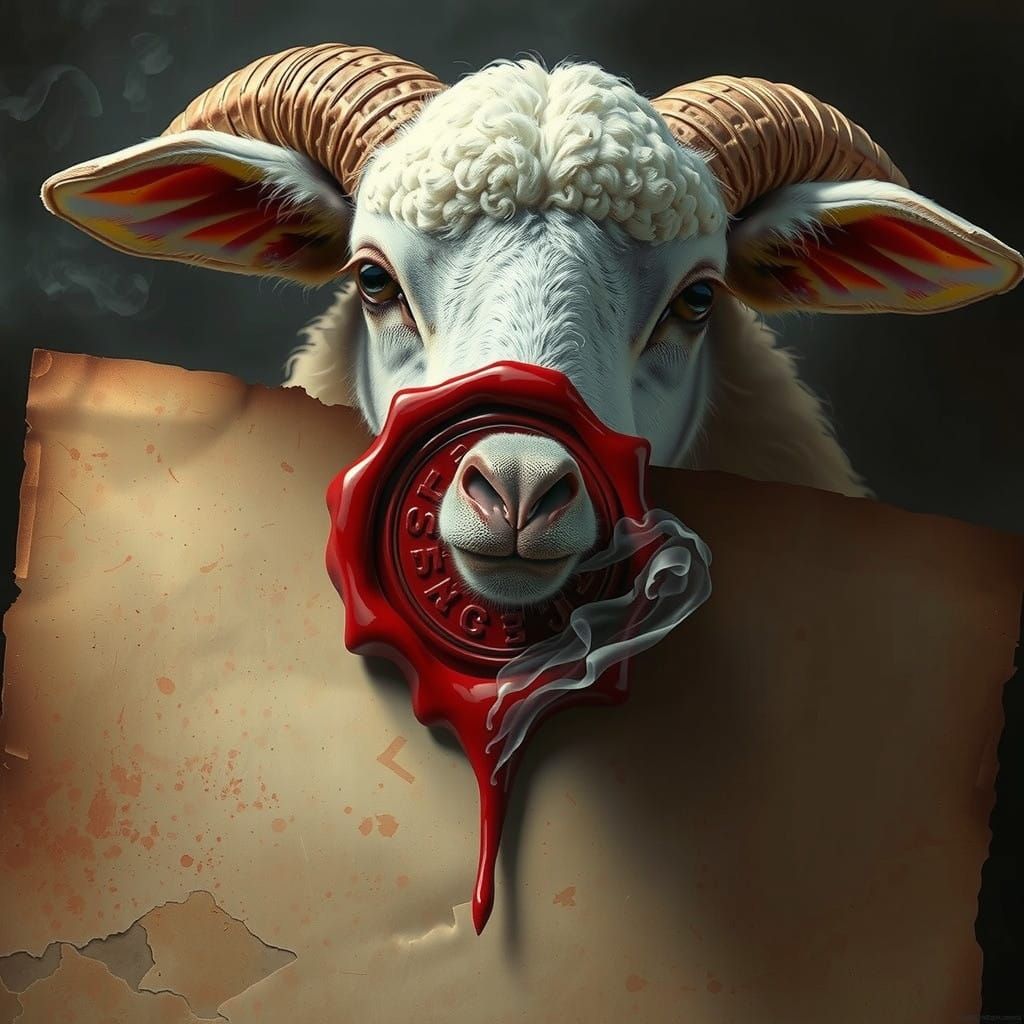 Mystical Lamb Unveils Ancient Scroll in Triadic Hues