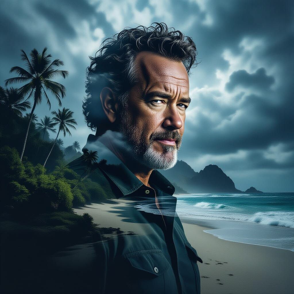 Double exposure artwork featuring Tom Hanks as the main subject, with a detailed landscape from the deserted island of C...