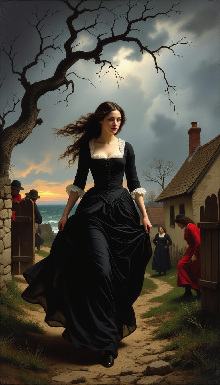 Novena in Black Dress Amidst a Dramatic Tempest