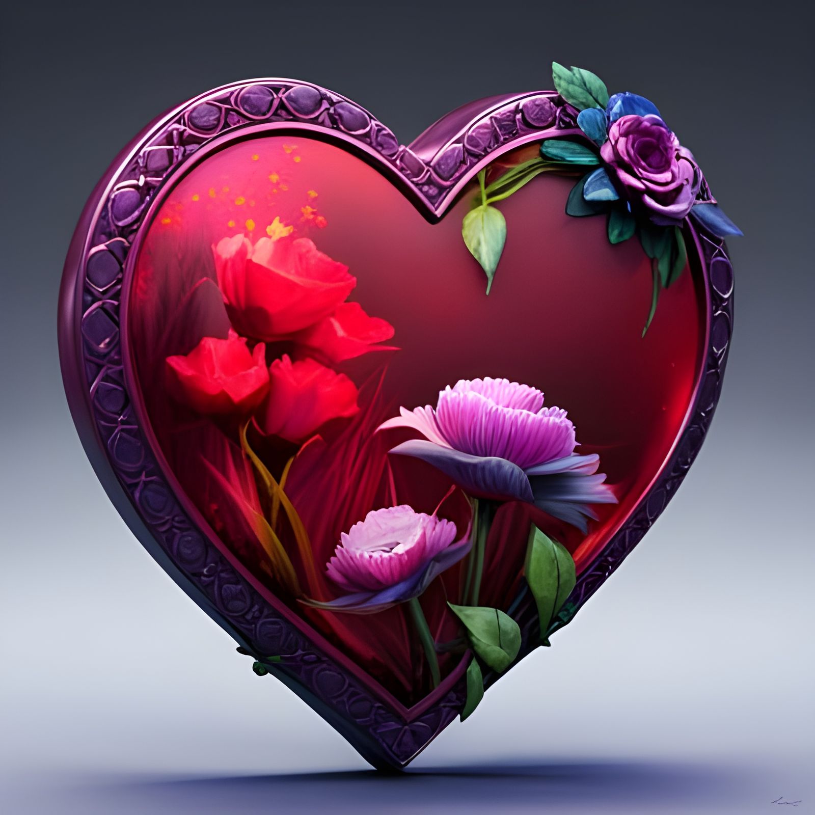 Fantasy Ruby Heart Adorned with Flowers