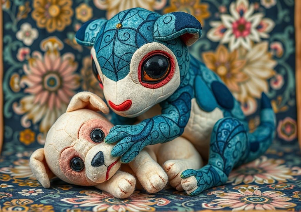 Cute Plushie Creature and Puppy in Batik Style