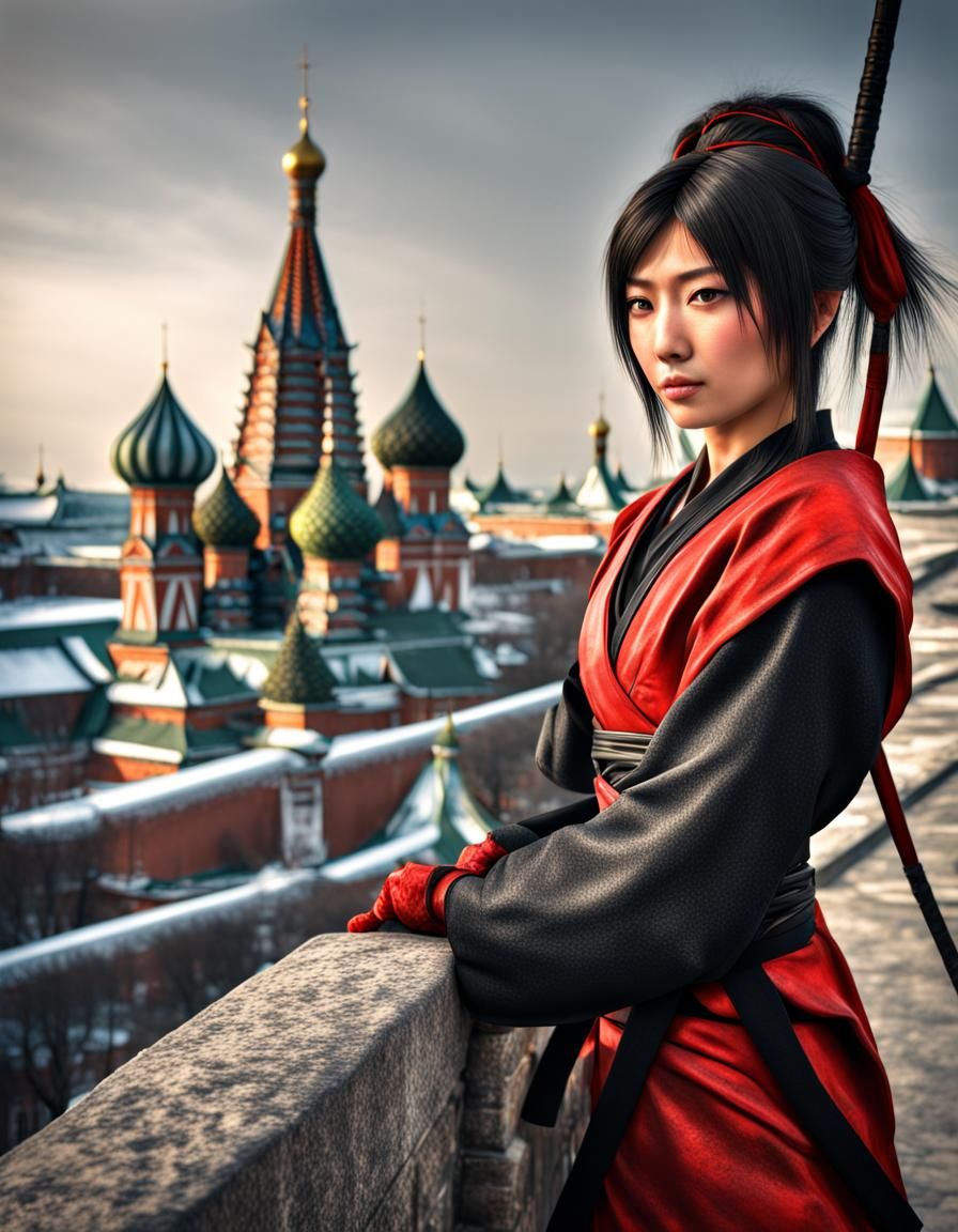 Kunoichi, Kremlin in background intricate details, HDR, beautifully shot, hyperrealistic, sharp focus, 64 megapixels