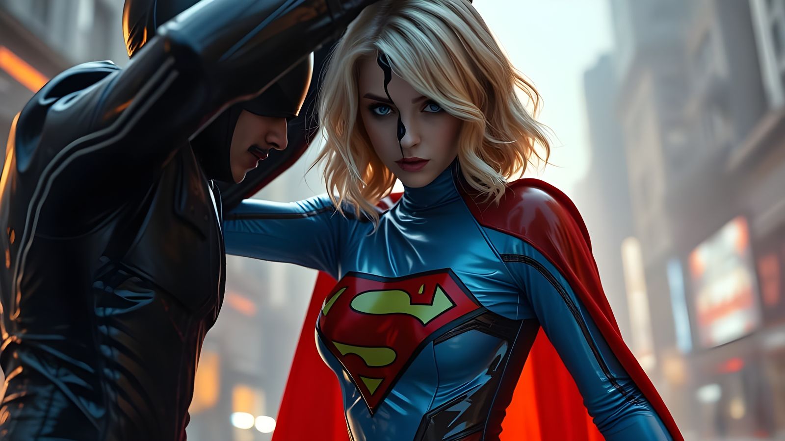 Emo Goth Supergirl vs Latex Villain in Cityscape