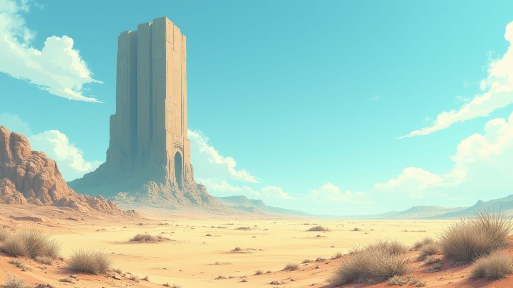 Brutalist Tower in Arid Desert, Ghibli-Inspired