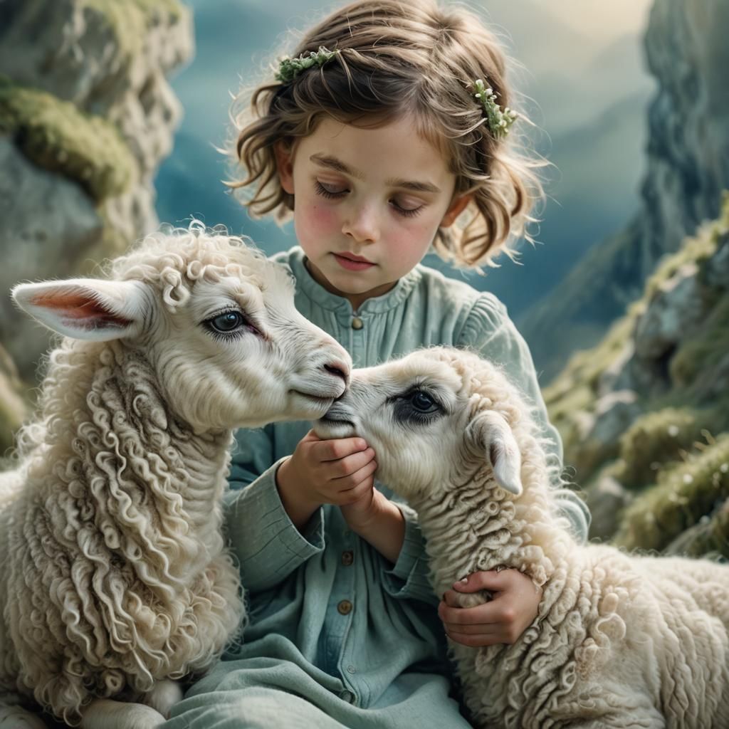 Little Girl Petting Lamb, Soft Pastel Digital Art