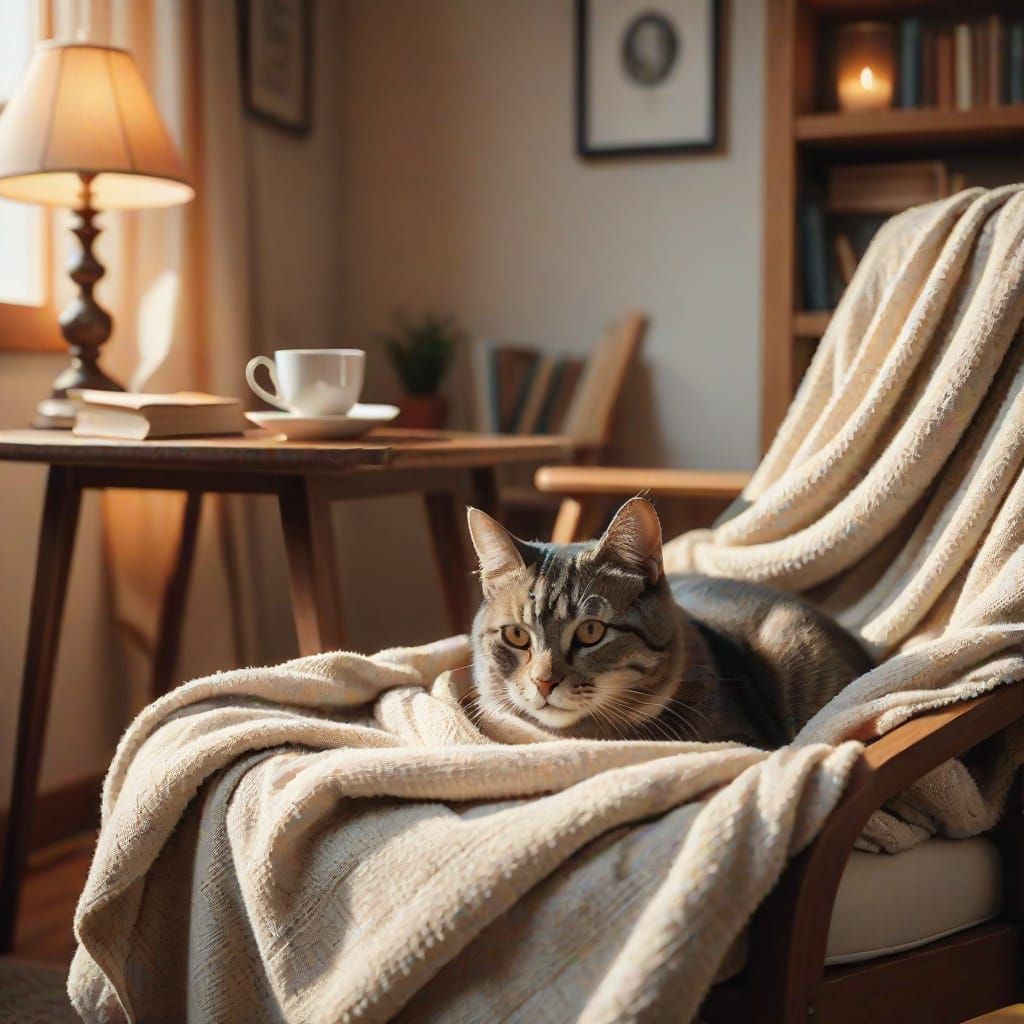 Cozy Room with Cat, Tea and Books