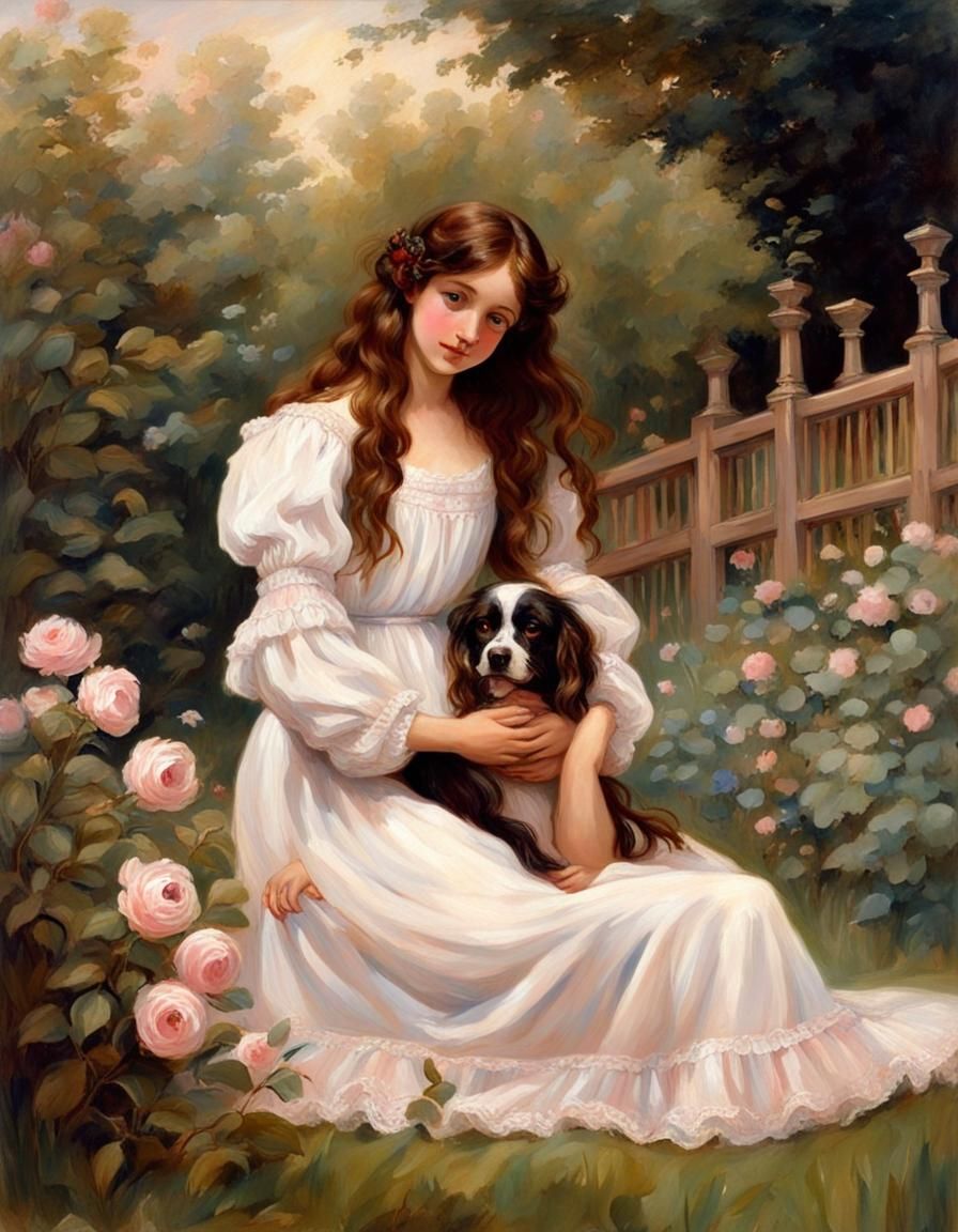Girl in Edwardian Gown Playing with Dog Painting