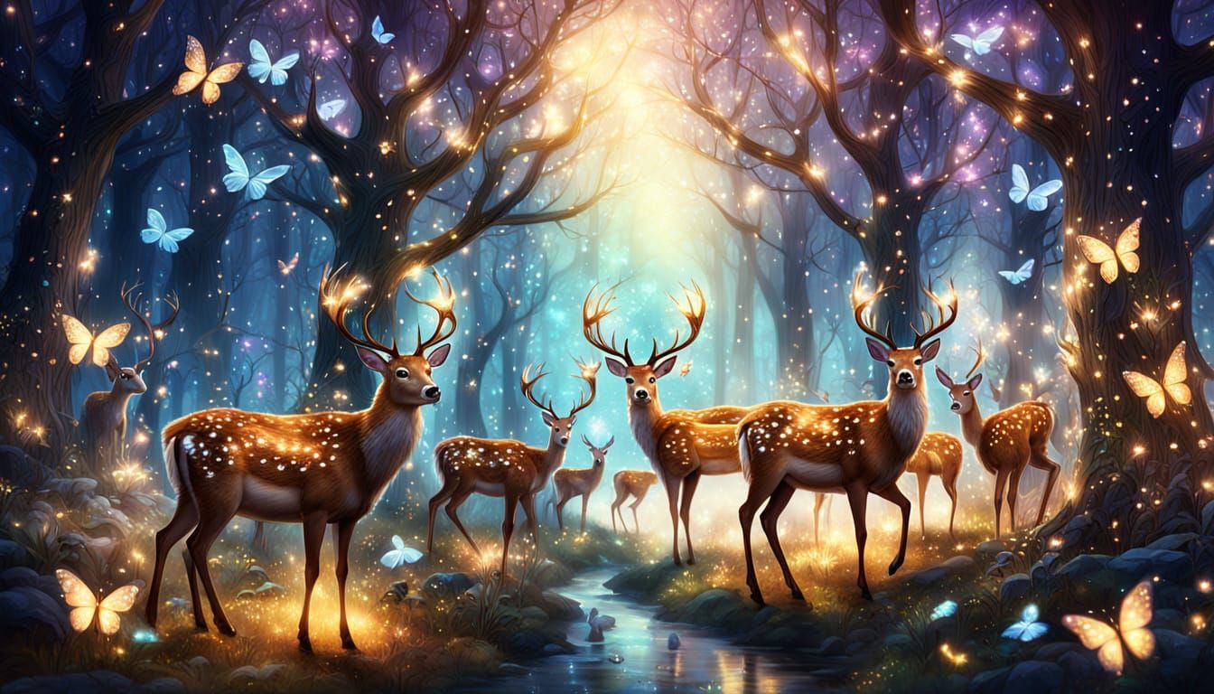 Mystical Deer Herd in Magical Forest