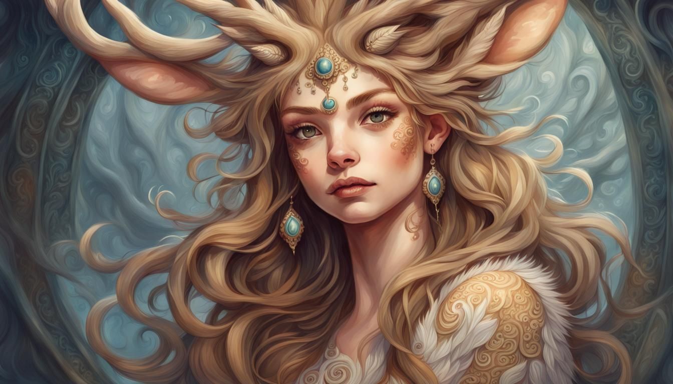 Fantasy Fawn Girl Portrait in Watercolor Style