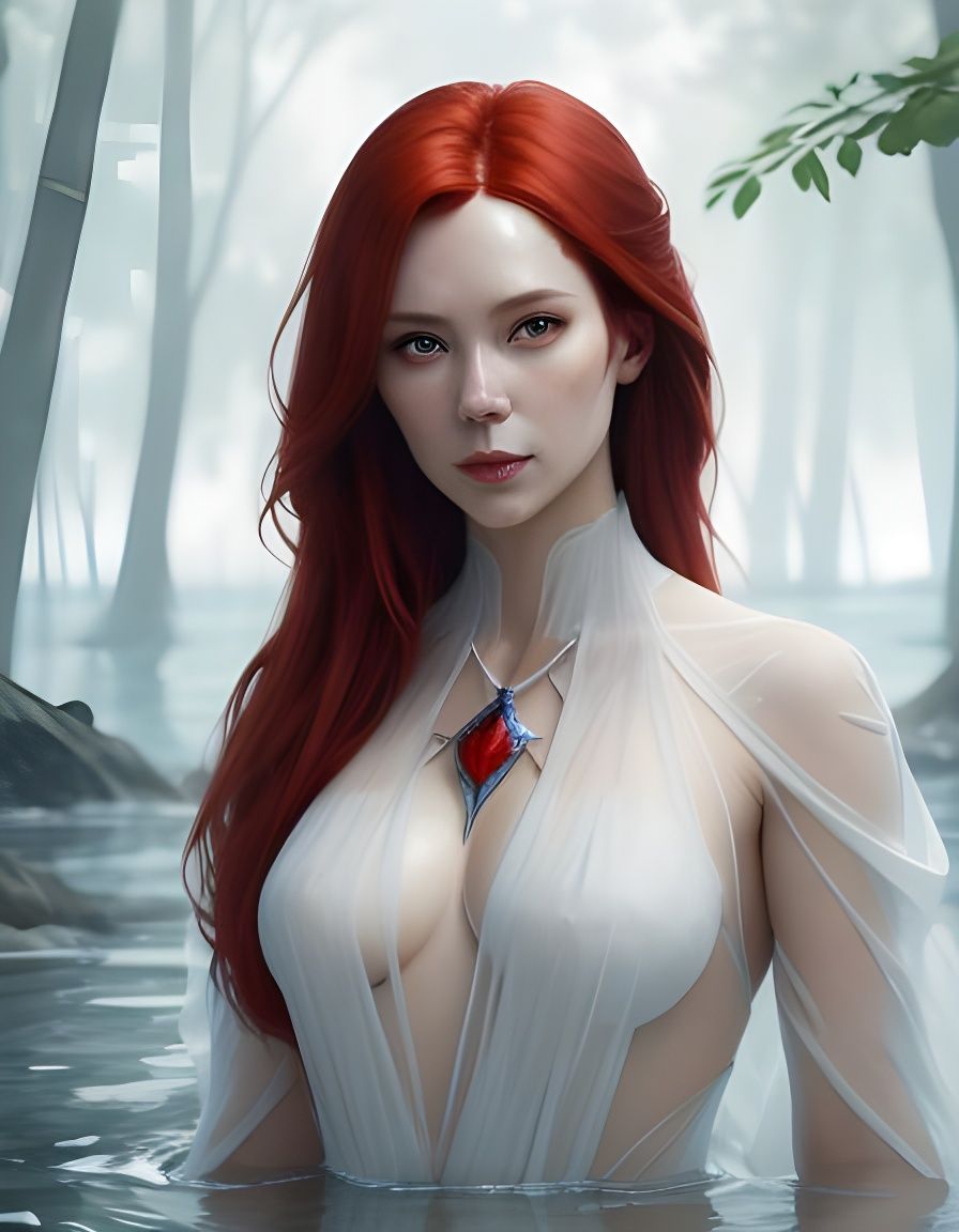 Woman with Red Hair in Lake, Watercolor Portrait