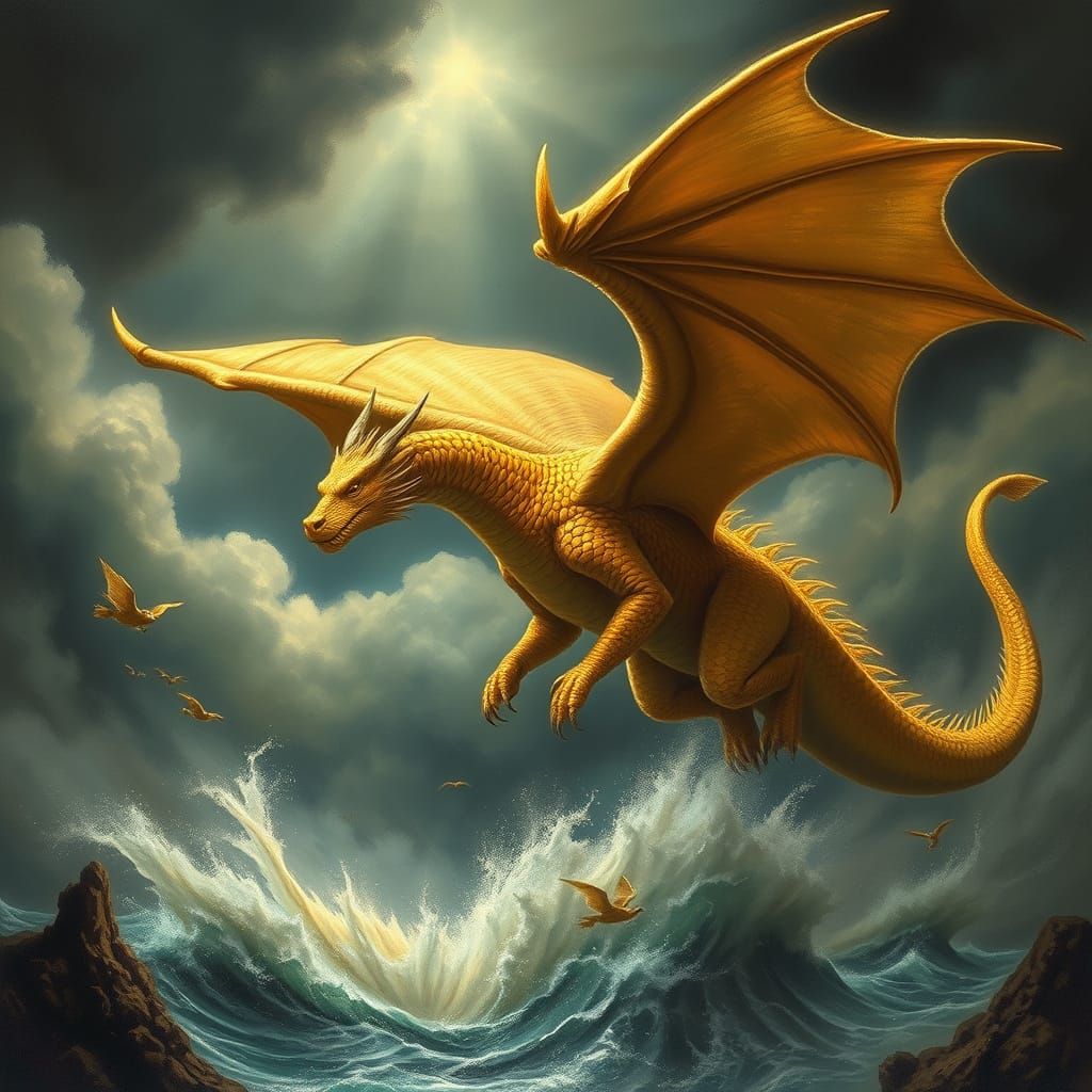 Golden Dragon Soars Over Ancient Flood in Mesopotamian Style